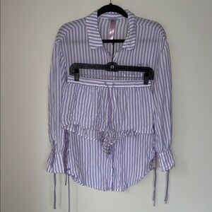 Savage X Fenty Striped Lace Up Button Up Pajama Set Shorts Top Corset